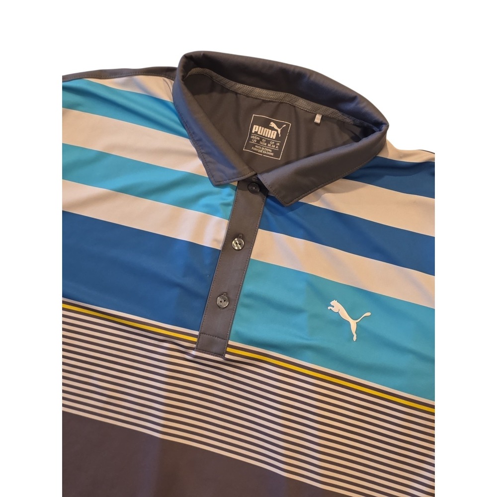 Puma Golf Polo Shirt Mens Large Gray Blue Striped DryCELL Performance